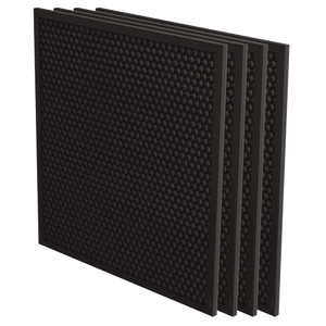 Four thin AeraMax Pro carbon filters standing one behind another, each a black honeycomb carbon panel in a narrow frame