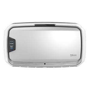 AeraMax Pro AM 4 PC front view, a wide silver and white wall unit with the Fellowes logo and a narrow screen on the left