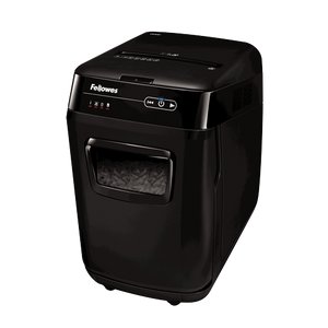 Fellowes AutoMax 200C shredder from the front left, black cabinet on castors with a hinged lid and a window into the bin