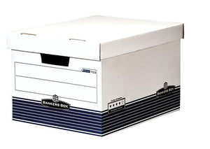 Bankers Box 703 Extra Strength archive box with the lid on, white board with navy stripes, BANKERS BOX logo, front hand hole and a four and a half star strength panel