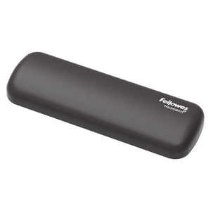 Fellowes Breyta palm wrist rest in black, a short rounded silicone pad with Fellowes Microban printed in white near one end