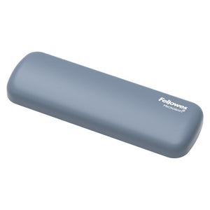 Fellowes Breyta palm wrist rest in marine, a slate blue rounded silicone pad with Fellowes Microban in white at one end