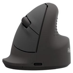 Fellowes Breyta vertical mouse from the side, black with a scroll wheel near the top and a USB-C port at the base