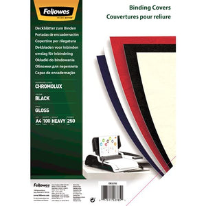 Fellowes Chromolux black gloss A4 binding covers in the current white Fellowes pack with a dark green panel, marked A4, 100, heavy and 250