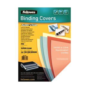 Earlier Fellowes Binding Covers pack labelled PVC Super Clear, A4, 100 sheets, 200 micron medium, with tinted and clear covers fanned on the front