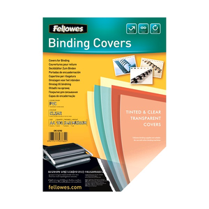 Fellowes Binding Covers pack printed PVC, Clear, A4, 100 sheets, 240 microns, medium, CRC 53762, with tinted covers fanned across the front