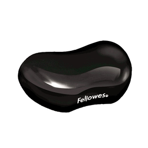 Fellowes Crystals gel flex rest in glossy black, a kidney shaped gel cushion with the Fellowes logo printed in white on its side