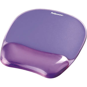 Fellowes Crystals gel mouse pad in transparent purple, the gel wrist cushion moulded along the front edge