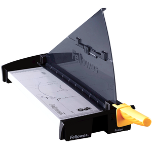 Fellowes Fusion A3 guillotine at an angle with the smoked SafeCut guard raised and yellow handle at the front
