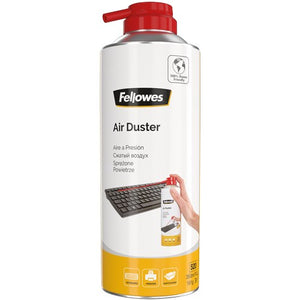 Fellowes Air Duster can with white label, red nozzle and extension tube, showing a hand cleaning a keyboard and icons for keyboard, printer and photocopier