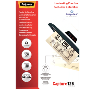 Red Fellowes ImageLast laminating pouch box, A4, 100 sheets, 125 micron, gloss, marked Capture 125