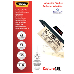 Red Fellowes ImageLast pouch pack front, A4, 25 sheets, 125 micron, gloss, with the Capture 125 name