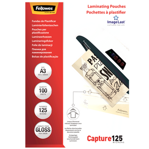 Fellowes ImageLast Capture 125 box of A3 pouches, red band with roundels for A3, 100, 125 and Gloss