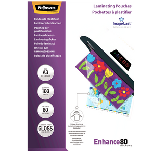 Fellowes ImageLast Enhance 80 box of A3 pouches, purple band with roundels for A3, 100, 80 and Gloss