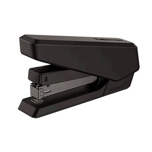Black Fellowes LX850 EasyPress stapler from the left front, arm closed, with the Microban mark on the side of the base