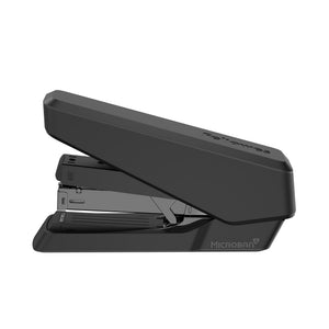 Black Fellowes LX870 EasyPress stapler side on, arm closed, with Microban printed near the front of the base