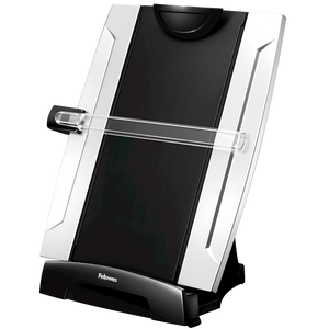 Fellowes Office Suites desktop copyholder with a silver framed black board, clear line guide and black base printed Fellowes