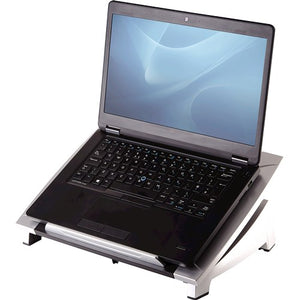 Fellowes Office Suites laptop riser in black and silver holding an open black laptop at an upward angle