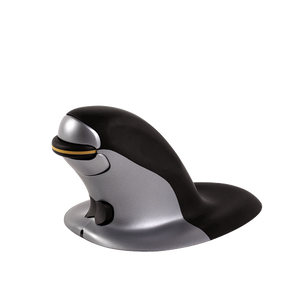 Small Fellowes Penguin vertical mouse in black and silver from the side, showing the upright grip, scroll wheel and thumb rest