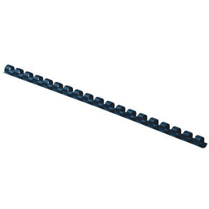 Fellowes blue 8mm plastic binding comb on a grey background, angled so the rings and spine are visible