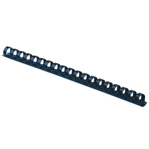 Fellowes 16mm blue plastic binding comb with 21 round loops, photographed at an angle on a plain white background