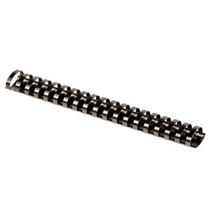 Fellowes 32mm black plastic binding comb with 21 oval back loops, photographed at an angle on a plain white background