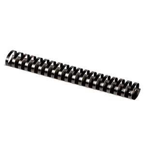 Fellowes 38mm black plastic binding comb with 21 oval back loops, photographed at an angle on a plain white background