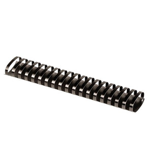 Fellowes 51mm black plastic binding comb with 21 oval back loops, photographed at an angle on a plain white background
