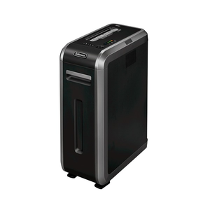 Fellowes Powershred 125Ci from the front left, a slim black cabinet shredder with dark silver side trim