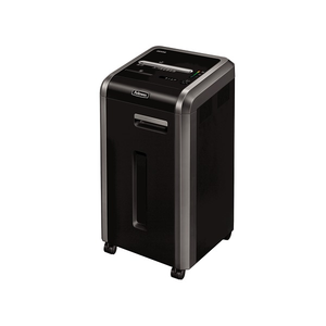 Fellowes Powershred 225Mi micro-cut shredder from the front left, a black cabinet with silver side trim on castors