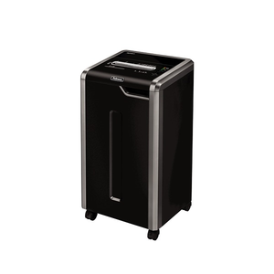 Fellowes Powershred 325Ci from the front left, a black cabinet shredder with dark silver trim on castors