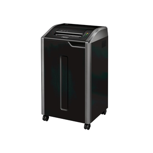 Fellowes Powershred 425Ci from the front left, a large black cabinet shredder with silver trim on castors