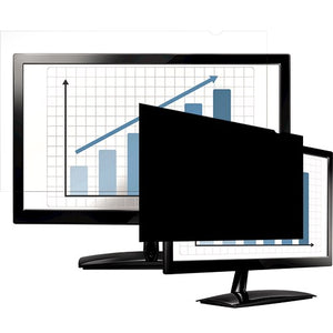 Fellowes PrivaScreen composite: a monitor chart readable from the front while an angled 24 inch 16:9 screen behind it shows only black