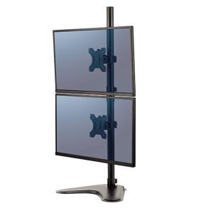 Fellowes freestanding dual stacking arm in black with two screens one above the other on a tall pole and flat base