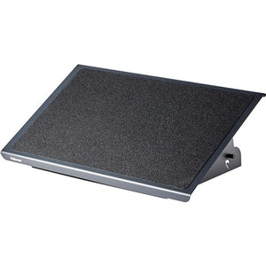 Fellowes Professional Series Heavy Duty foot support with a large black grit surface platform and grey steel edge, angled view