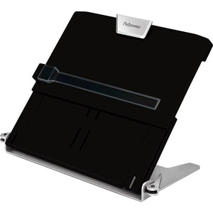 Fellowes Professional Series In-line copyholder in black, raised on its silver hinges with a clear line guide and silver Fellowes clip