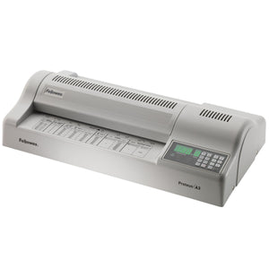 Light grey Fellowes Proteus A3 laminator from the left, showing the long entry shelf and digital control panel