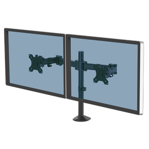 Fellowes Reflex dual monitor arm in black holding two screens side by side from a single pole on a round base