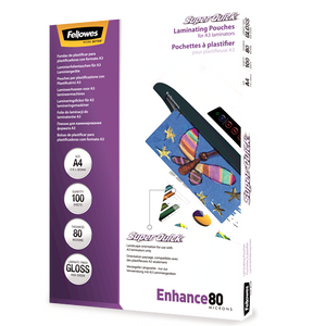 Purple Fellowes SuperQuick Enhance 80 box of 100 A4 gloss pouches angled from the left with butterfly artwork in a laminator
