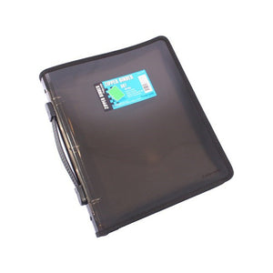 Smoke Foldermate Pop Gear zipper binder shown at an angle, with its translucent cover, Zipper Binder pack label on the front and carry handle on the spine