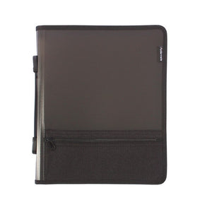 Front of the Foldermate zipper binder folio in smoke, with the zipped front pocket on the black lower panel, the Foldermate logo on the cover edge and the carry handle on the spine
