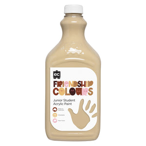 Clean product image of Educational Colours Friendship Colours Olive Acrylic Paint 2L against a neutral background. The bottle clearly displays Friendship Colours branding and highlights key features including washable, non toxic formulation and Australian made quality.