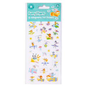 Retail packaging of the Learning Can Be Fun Furry Flyers Holographic Sticker Set featuring 32 holographic foil stickers with animal aviators, colourful aeroplanes and whimsical sky themed designs.
