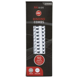 GBC Binding Combs box with a red base, printed A4 size, 21 ring, 90 sheets 12mm, 100 pack and white colour, white combs visible in the window