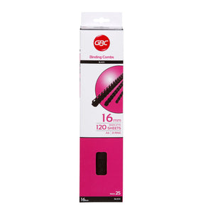 Slim pack of GBC Binding Combs in pink and white, printed 16mm, binds up to 120 sheets, A4, 21 ring, pack 25, black