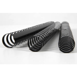 Three wide black GBC plastic binding combs lying on a white surface, the nearest showing its large open rings end on