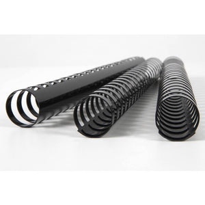 Three wide black GBC plastic combs laid side by side on white, open ring ends toward the camera