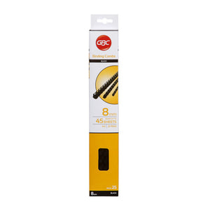 GBC binding comb box printed 8mm, binds up to 45 sheets, A4, 21 ring, pack 25 and black, black combs in the window above an orange and yellow panel