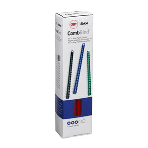 GBC ibico CombBind carton printed A4 21 Ring Plastic Combs and Classic Series, with black, blue and green combs pictured and red combs in the window