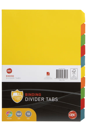 GBC Binding Divider Tabs pack of ten A4 dividers, yellow front sheet with staggered tabs in orange, green, red, blue and yellow, label printed Summer colour, 160 GSM and 10 tabs